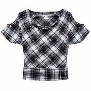 Kouture by Kimora Top Women XL Cold Shoulder Black White Plaid Regular Y2K Studs